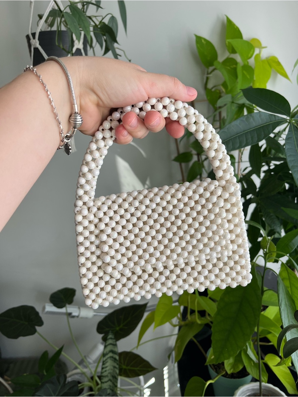 Pearl Beaded White Mini Handbag - Handmade